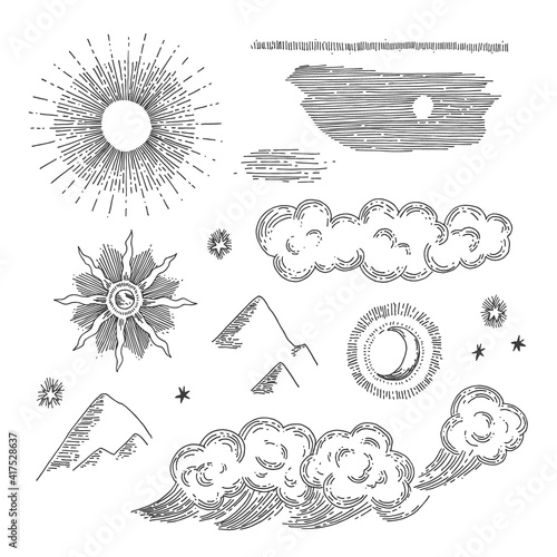 Nature engraving elements. Hand drawn antique style solar and selestial signs.