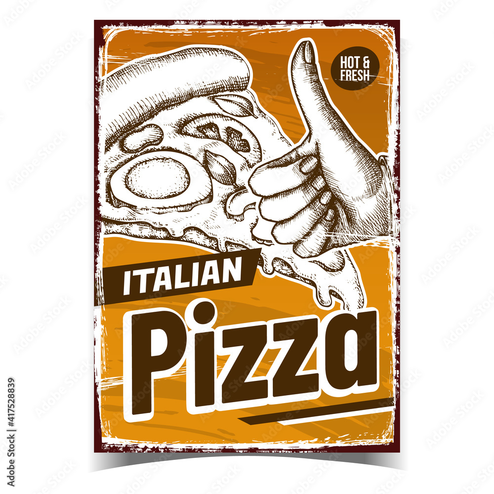 Italian Pizza Restaurant Advertise Banner Vector. Pizza Piece With Boiled Egg, Cut Tomato And Spices Leaves, Human Hand Gesturing Good On Promotional Poster. Template Hand Drawn Illustration Italian Pizza Restaurant Advertise Banner Vector. Pizza Piece With Boiled Egg, Cut Tomato And Spices Leaves, Human Hand Gesturing Good On Promotional Poster. Template Hand Drawn Illustration
