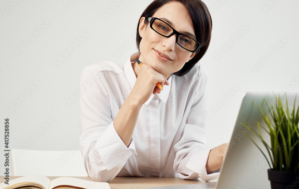 Business woman work desk laptop office manager Business woman work desk laptop office manager