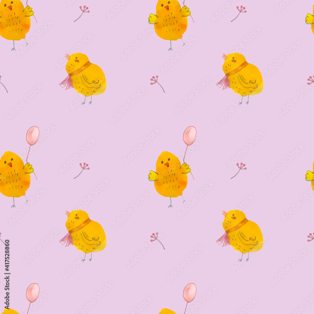 Cute chickens with a flower on a pink background. Cute chickens with a flower on a pink background.