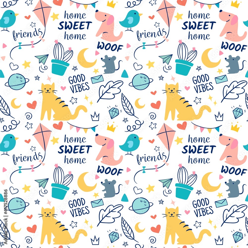 colorful doodle animals with words leaf star and galaxy combination seamless pattern vector