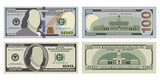Hundred dollar bills in new and old design from both sides. 100 US dollars banknote, from front and reverse side. Vector illustration of USD isolated on a white background