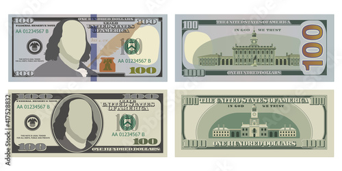 Hundred dollar bills in new and old design from both sides. 100 US dollars banknote, from front and reverse side. Vector illustration of USD isolated on a white background photo