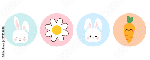 Easter bunny, daisy flower and carrot icon set on white background vector illustration.