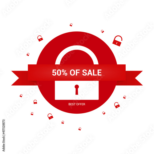 Sales banner 50%. White door lock on red background.
