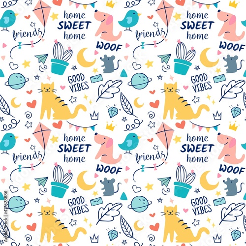 colorful doodle animals with words leaf star and galaxy combination seamless pattern vector