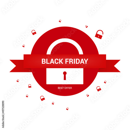 Black friday Sales banner. White door lock on red background.