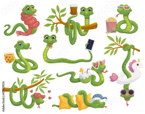 Funny cute cartoon snakes characters set, flat vector illustration isolated.