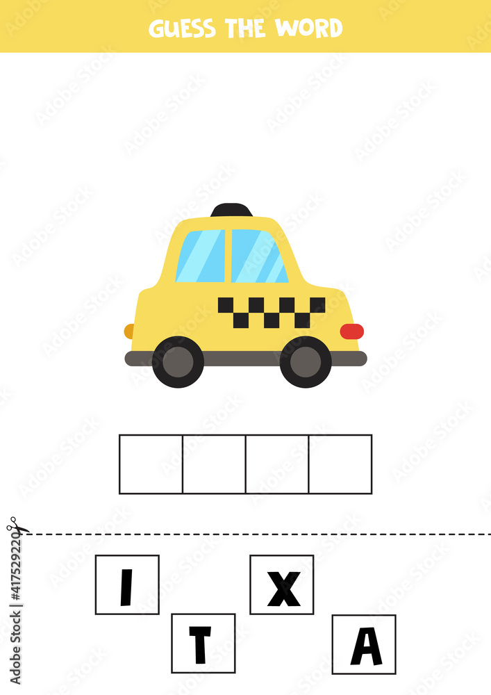 Spelling game for kids. Cartoon city taxi. Spelling game for kids. Cartoon city taxi.