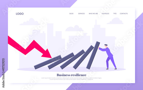 Business resilience or domino effect metaphor vector illustration website concept. Adult young businessman pushing falling domino line business concept of problem solving and stopping chain reaction