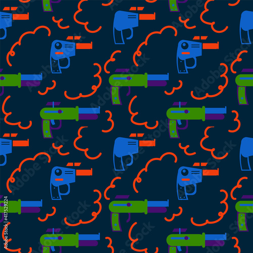 Background of Galactic Blasters. A bright game weapon for children's textiles. Toy blaster pattern for star games. Vector illustration