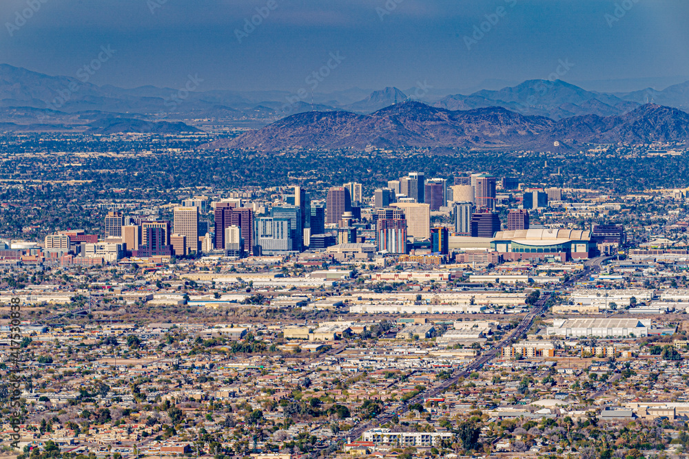 Downtown Phoenix and the mountains beyond from above