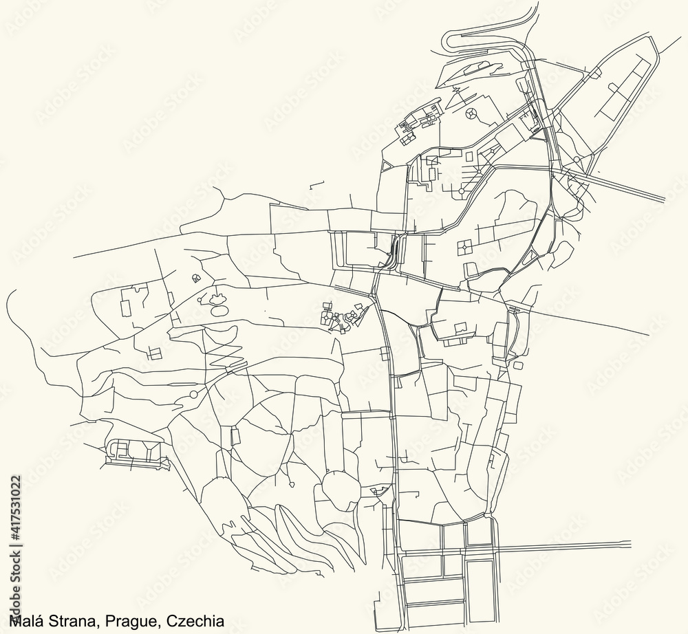 Black simple detailed street roads map on vintage beige background of the municipal district Malá Strana (Lesser Town) cadastral area of Prague, Czech Republic