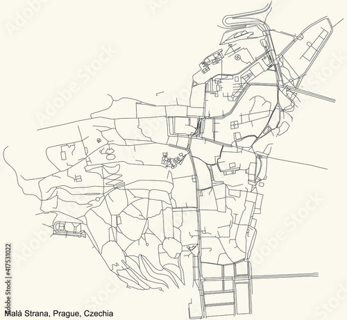Black simple detailed street roads map on vintage beige background of the municipal district Mal   Strana  Lesser Town  cadastral area of Prague  Czech Republic