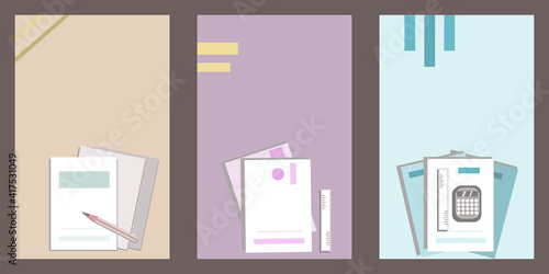 Work from Home vector and illustration set includes paper, pencil, ruler, calculator and can be applied to a wide variety of tasks.