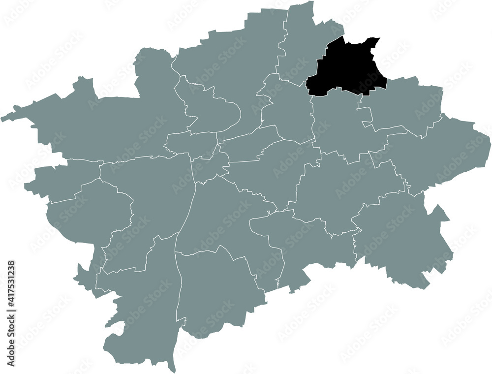 Black location map of the Praguian Praha 19 municipal district insdide black Czech capital city map of Prague, Czech Republic