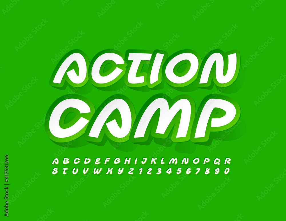 Naklejka premium Vector green emblem Active Camp. Handwritten creative Font. Sticker Alphabet Letters and Numbers set
