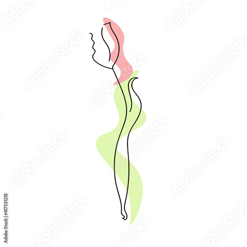 Tulip line art, stylized flower outline and two colored spots, for postcard design, etc.