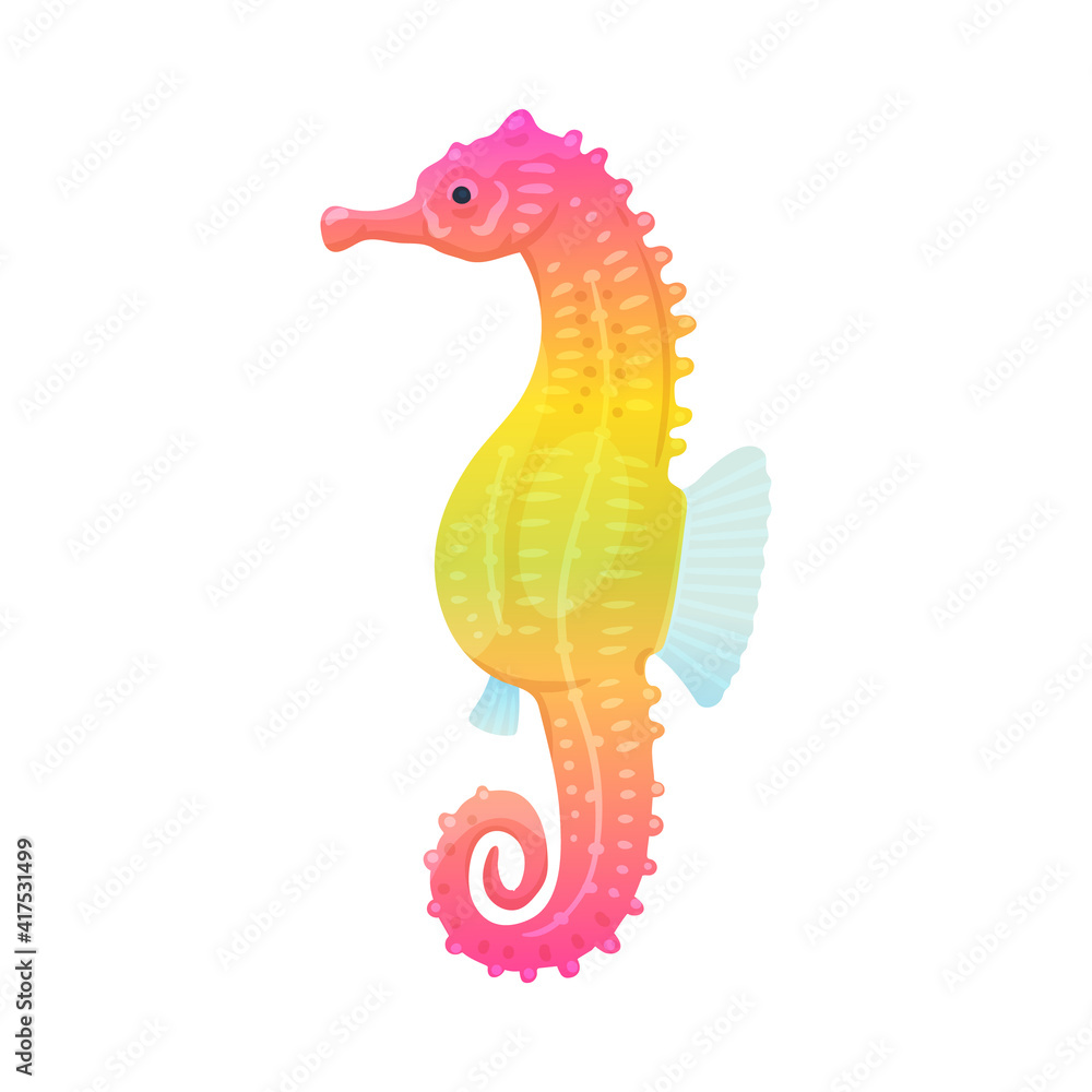 Fototapeta premium Cartoon seahorse in pink and yellow color. Colorful marine animal