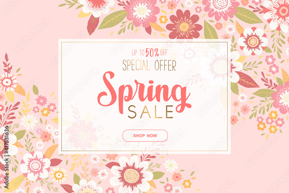 Spring sale vector banner with lettering, flowers and leaves isolated on pink background. Floral design for advertising, promotion, flyer, invitation, card, poster, website