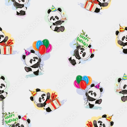 Fototapeta Naklejka Na Ścianę i Meble -  Panda baby bear celebrates birthday seamless pattern vector