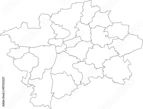 Simple white vector map with black borders of municipal districts of Prague, Czech Republic
