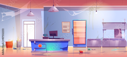 Abandoned grocery store empty shop interior with cracked cashier desk, scatter garbage, spider web, broken shelves and refrigerator. Neglected product market, retail place, Cartoon vector illustration
