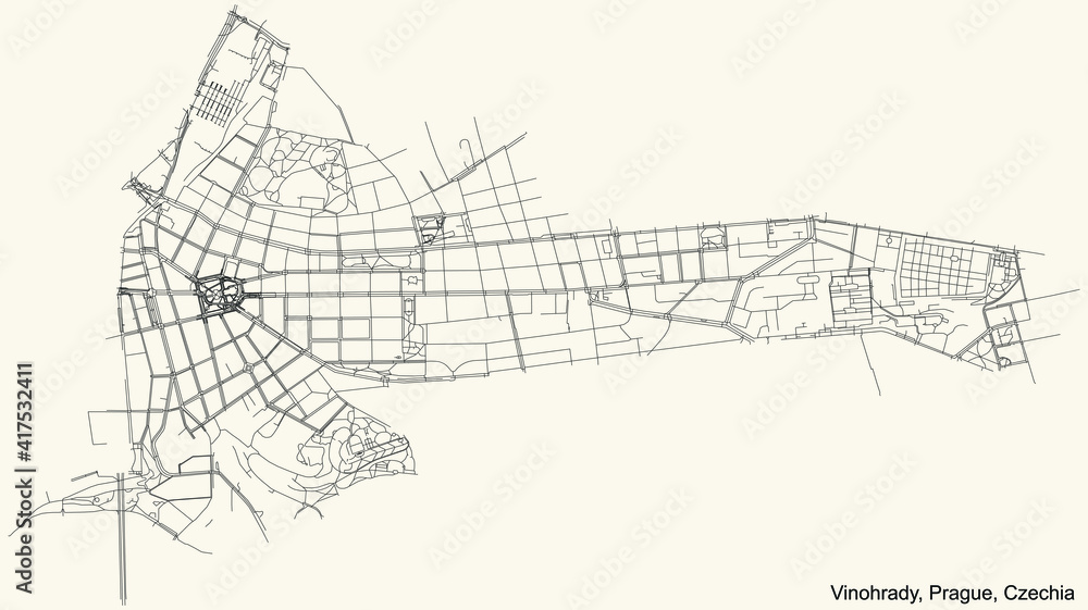 Black simple detailed street roads map on vintage beige background of the municipal district Vinohrady cadastral area of Prague, Czech Republic