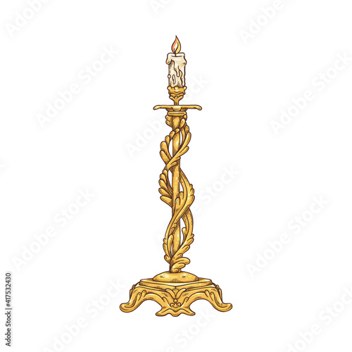 Fancy gold candlestick with candle, engraving vector illustration isolated.