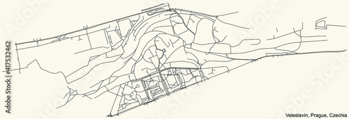Black simple detailed street roads map on vintage beige background of the municipal district Veleslavín cadastral area of Prague, Czech Republic