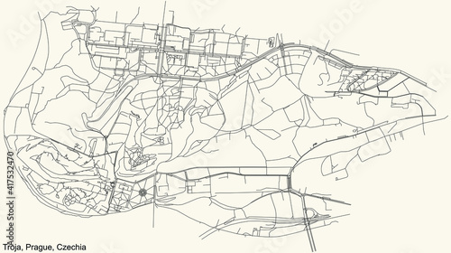 Black simple detailed street roads map on vintage beige background of the municipal district Troja cadastral area of Prague, Czech Republic