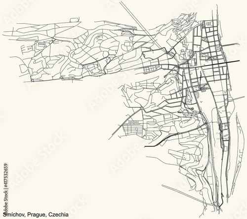Black simple detailed street roads map on vintage beige background of the municipal district Smíchov cadastral area of Prague, Czech Republic photo