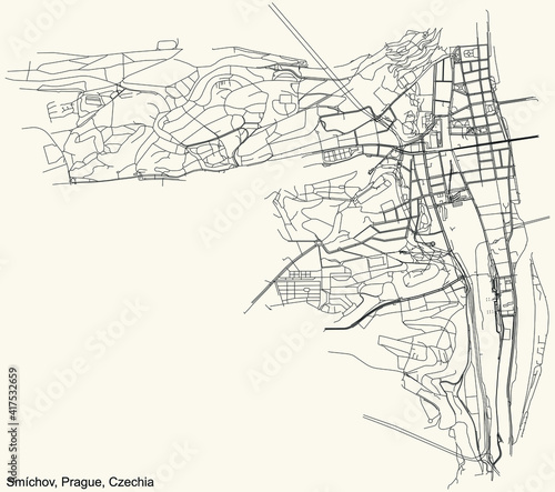 Black simple detailed street roads map on vintage beige background of the municipal district Smíchov cadastral area of Prague, Czech Republic