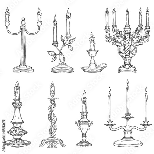 Vintage old candlesticks with candles a set of vector line art illustrations.