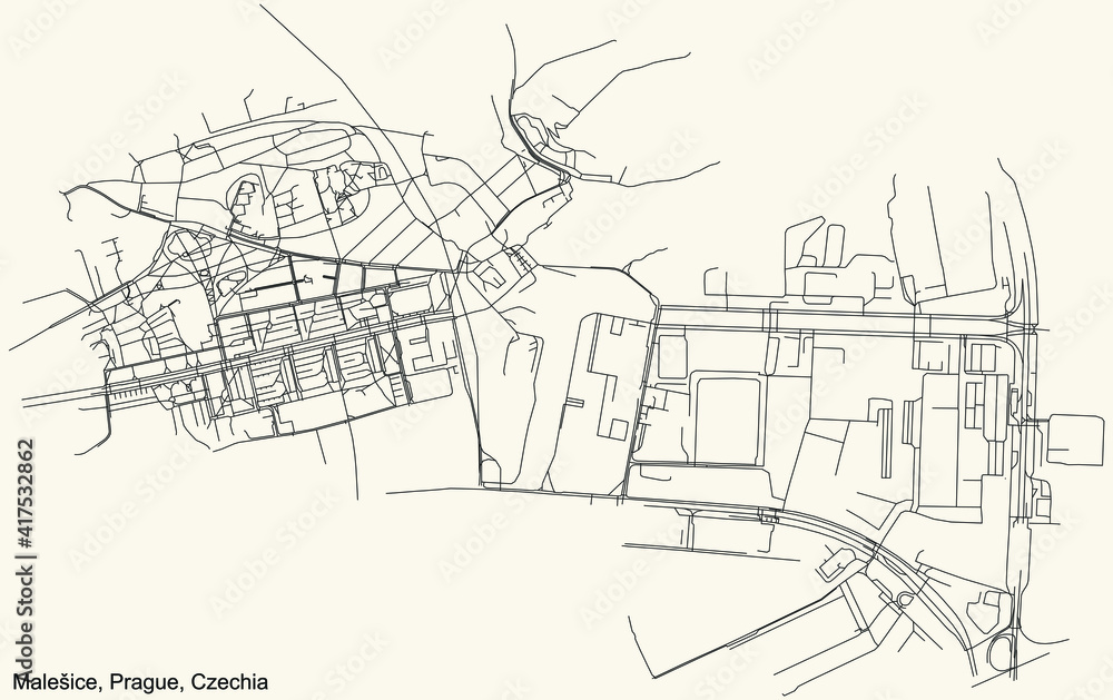 Black simple detailed street roads map on vintage beige background of the municipal district Malešice cadastral area of Prague, Czech Republic