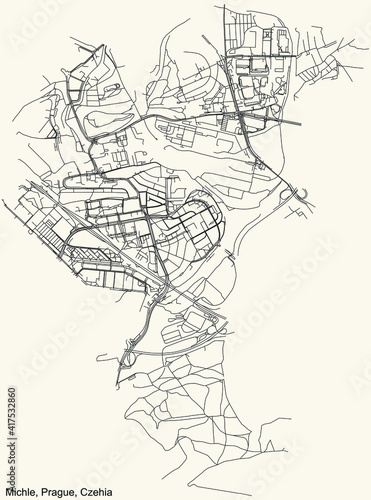 Black simple detailed street roads map on vintage beige background of the municipal district Michle cadastral area of Prague  Czech Republic