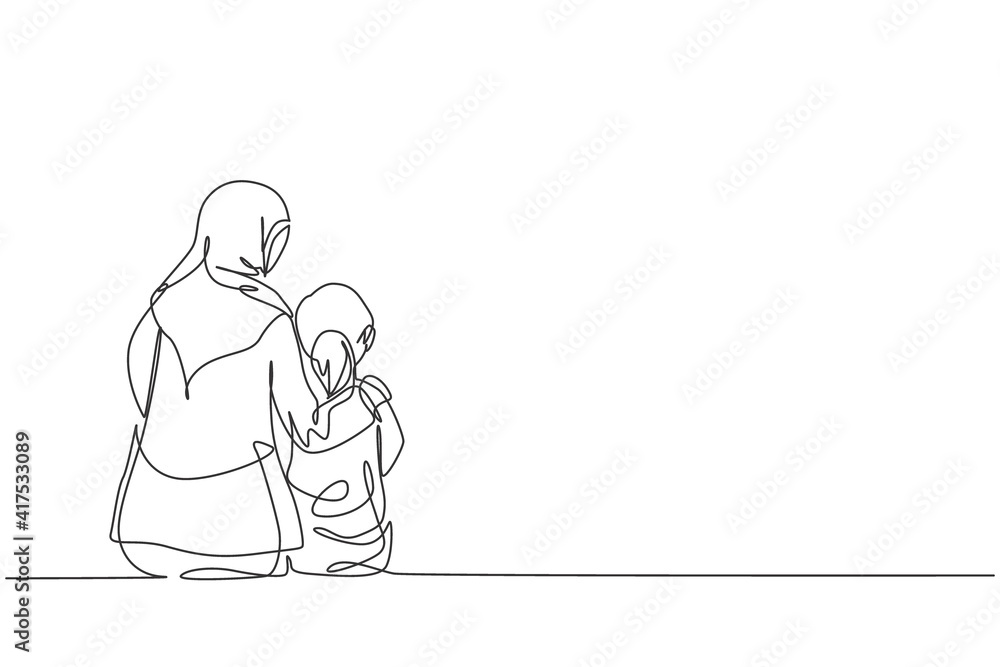 Single continuous line drawing of young Arabian mother and her daughter sitting and talking together. Islamic muslim happy family parenthood concept. One line graphic draw design vector illustration