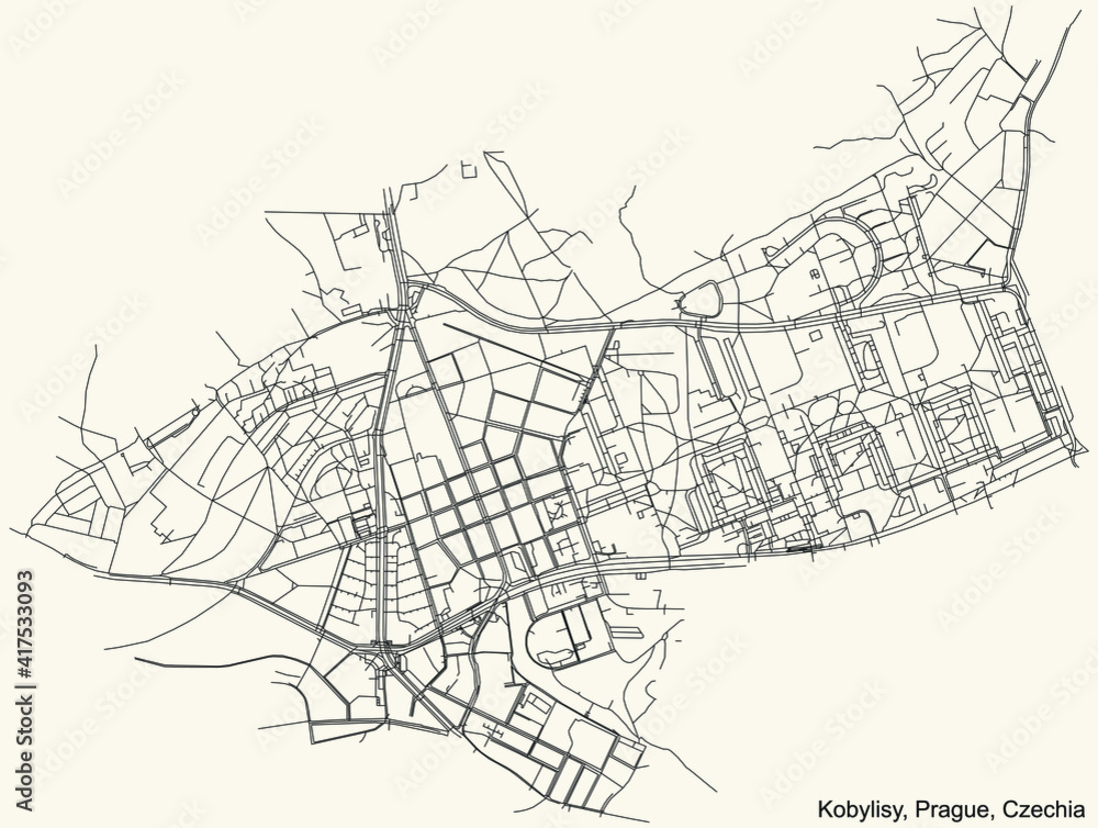 Black simple detailed street roads map on vintage beige background of the municipal district Kobylisy cadastral area of Prague, Czech Republic
