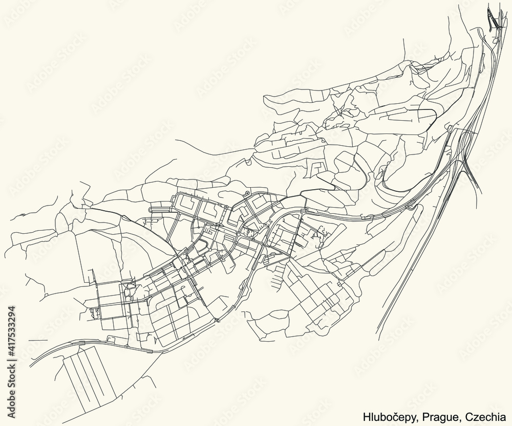 Black simple detailed street roads map on vintage beige background of the municipal district Hlubočepy cadastral area of Prague, Czech Republic
