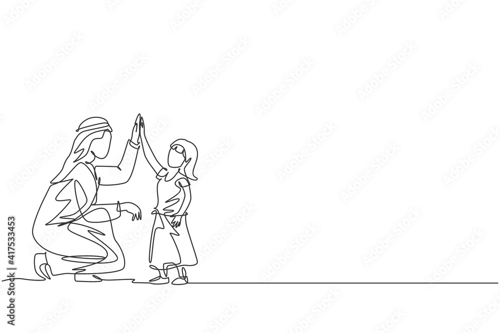 One continuous line drawing of young Islamic dad give high five gesture to his daughter girl. Happy Arabian muslim loving parenting family concept. Dynamic single line draw design vector illustration