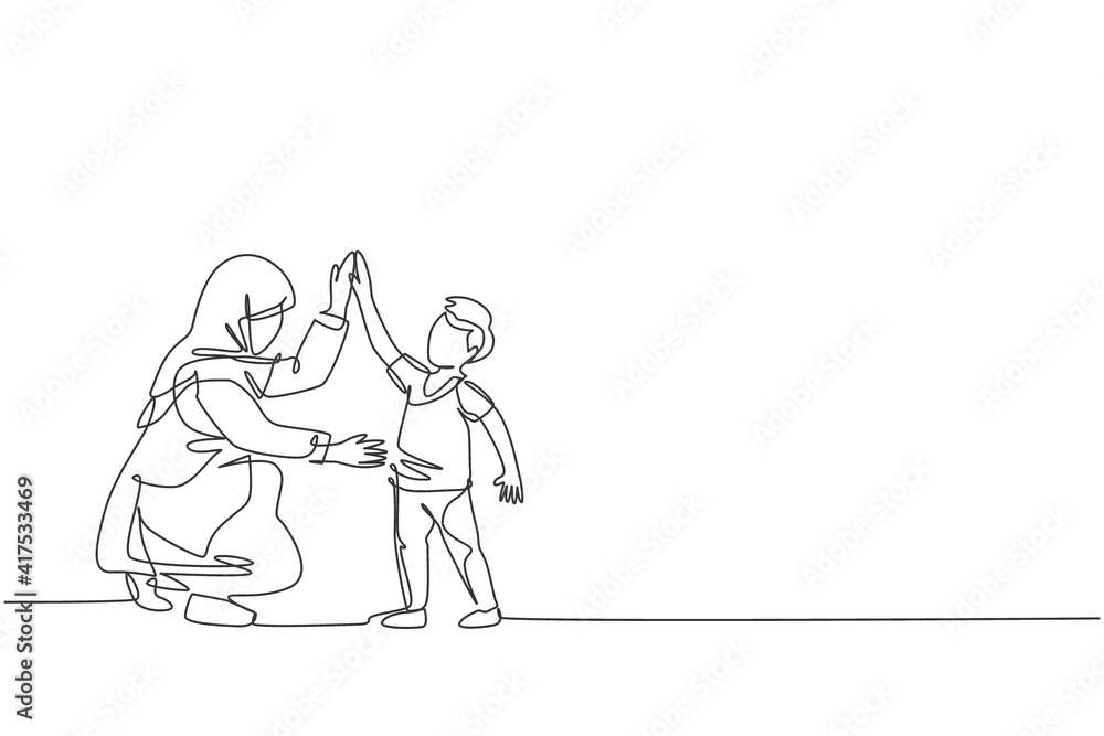 One single line drawing of young Arabian mom giving high five gesture to her son boy before go to school vector illustration. Happy Islamic muslim family parenting concept. Continuous line draw design One single line drawing of young Arabian mom giving high five gesture to her son boy before go to school vector illustration. Happy Islamic muslim family parenting concept. Continuous line draw design