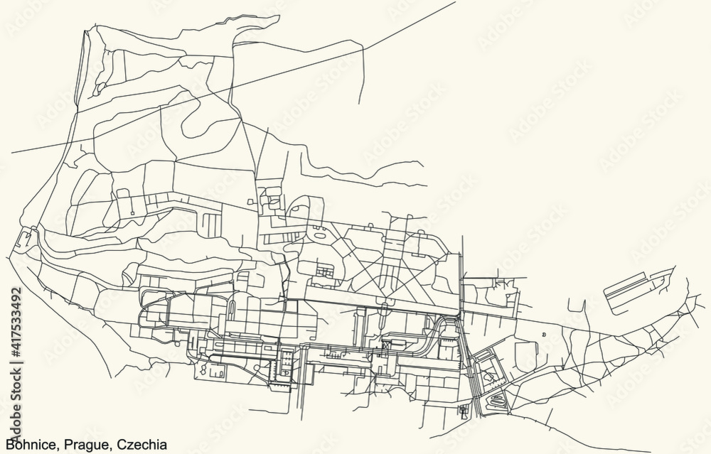 Black simple detailed street roads map on vintage beige background of the municipal district Bohnice cadastral area of Prague, Czech Republic