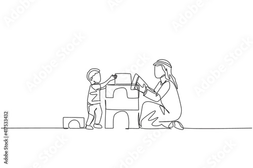 One single line drawing of young Arabian father playing block foam puzzle brick house with son at home vector illustration. Happy Islamic muslim family parenting concept. Continuous line draw design