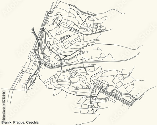 Black simple detailed street roads map on vintage beige background of the municipal district Braník cadastral area of Prague, Czech Republic