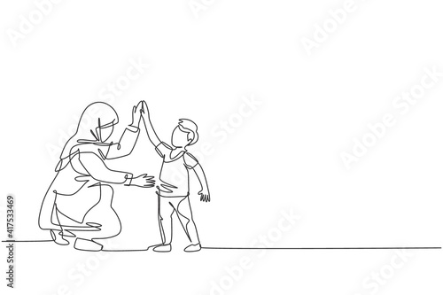 One single line drawing of young Arabian mom giving high five gesture to her son boy before go to school vector illustration. Happy Islamic muslim family parenting concept. Continuous line draw design