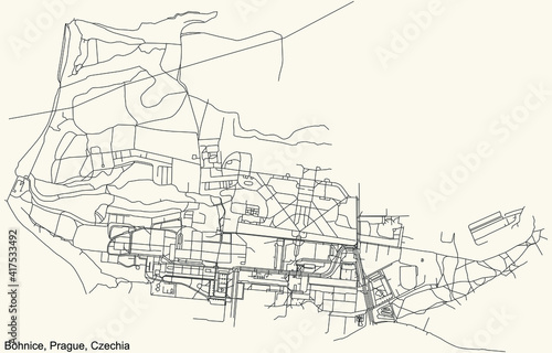 Black simple detailed street roads map on vintage beige background of the municipal district Bohnice cadastral area of Prague, Czech Republic
