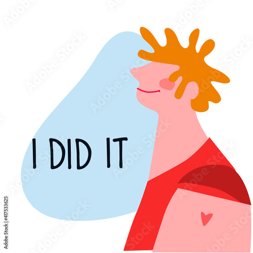 Vaccination time concept. Stop coronavirus concept. Happy man after vaccine injection in shoulder. Vector illustration with I Did It text. Campaign banner, poster, flyer, social media post template