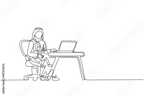 Single continuous line drawing of young Islamic dad work from home while hugging her daughter on lap. Arabian muslim happy family fatherhood concept. Trendy one line draw design vector illustration