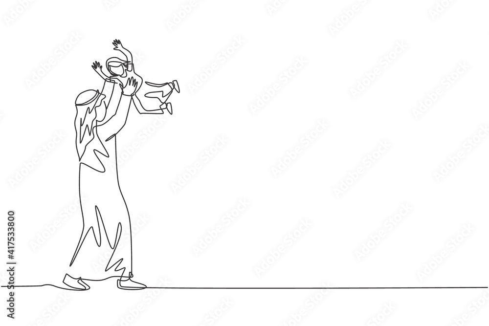 Obraz premium One continuous line drawing of young Islamic dad playing and lifting his daughter up into the air. Happy Arabian loving parenting family concept. Dynamic single line draw design vector illustration