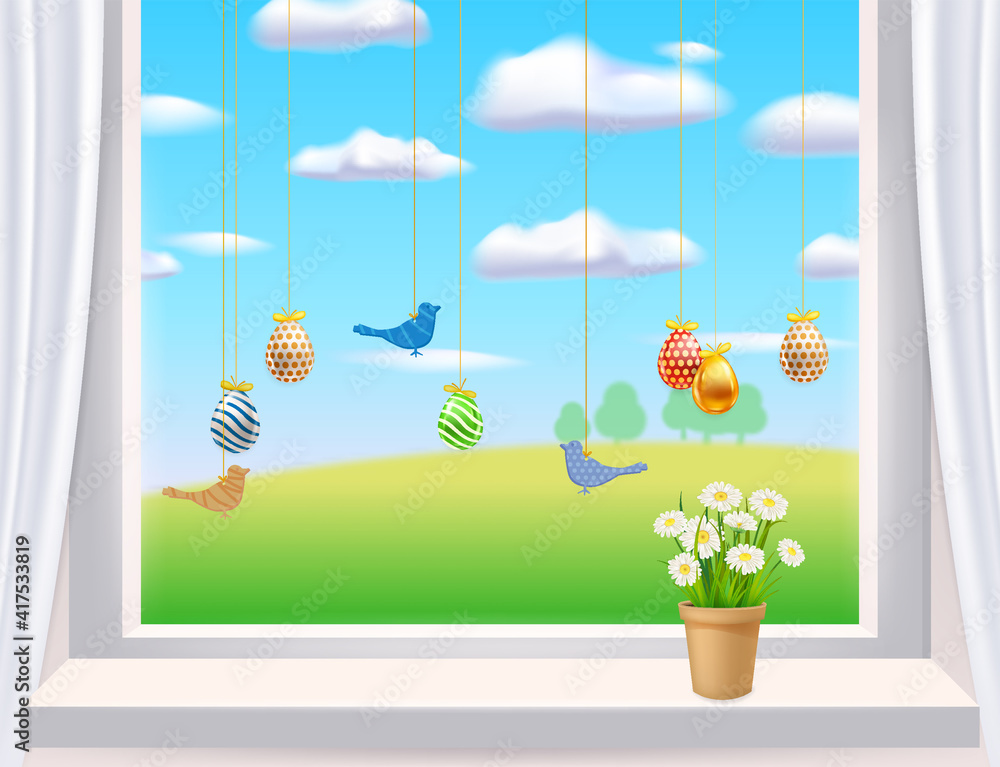 Fototapeta premium Easter window inerior with colored Easter eggs and birds. Colorful spring flowers chamomile, dandelions in pot. Vew on country rural landscape. Spring holiday poster, greeeting card, flyer vector
